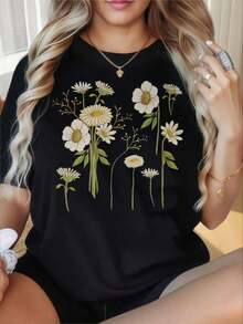 Camisetas manga corta mujer Camiseta de mujer 100% algodón con cuello redondo y mangas cortas, estampado divertido. Camiseta negra con estampado floral de margaritas para mujer, corte holgado informal, manga corta, top de moda de verano, camiseta gráfica. Adecuada para el Día de San Valentín, fiestas de Navidad, actividades deportivas, fiestas de vacaciones, salidas, deportes y otros regalos navideños. - Negro - Ver 3