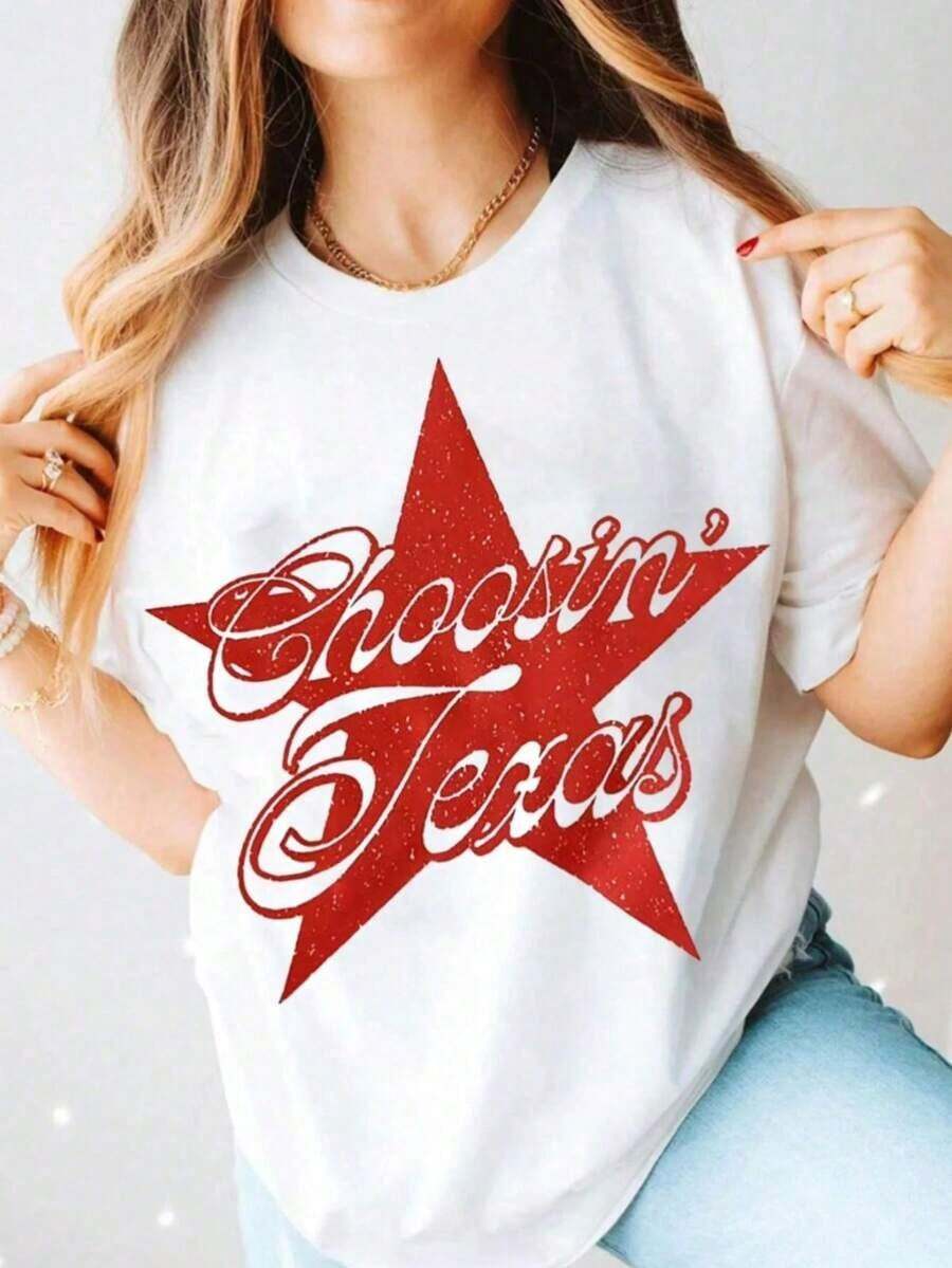 Camiseta de algodón 100% con diseño estampado informal para mujer, blanca, con estampado "Choosin Texas", suave y cómoda, adecuada para actividades diarias al aire libre, viajes, fitness, resistente a la suciedad, fácil de limpiar, moderna y versátil, regalo ideal para amigos y familiares, de alta calidad, tops de verano 2026, ropa de uso diario para mujer, adecuada para primavera, verano y otoño. - Blanco - Ver 1