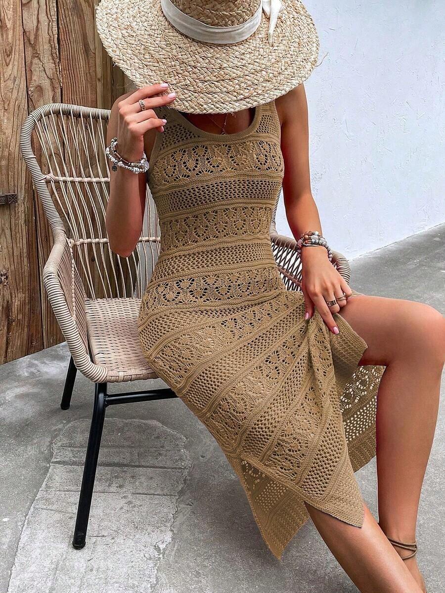 Vestido de punto con lazo en la cintura, casual de vacaciones, primavera/verano, unicolor, cuello redondo, sin mangas, con abertura, corto, ajustado, de vuelta al colegio, otoño, vestimenta digna para mujeres, vestido largo de fiesta de otoño para la playa - Camel - Ver 1