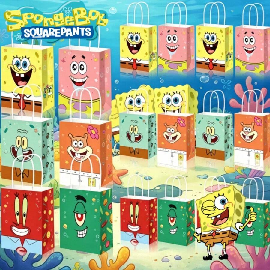 SpongeBob SquarePants 1套/1個/6個/12個大星星手提糖果禮物紙袋,隨機適用於禮物、商品、商業、購物、零售、生日活動、情人節禮物袋 - 彩色 - 查看 1