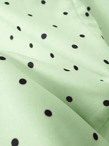 Vestido corto de manga corta de estilo minimalista y romántico para uso diario y casual, con cuello con volantes, lazo en la cintura y estampado de lunares al estilo francés, para primavera/verano - Verde - Ver 8