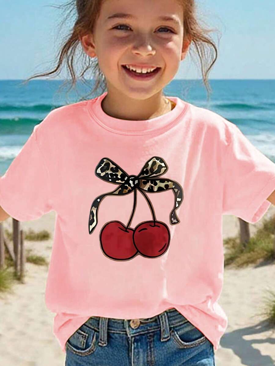 Graphic T-Shirt For Kids, Girls' Clothing, Boys' Clothing, Cherry With Leopard Print Bow, Suitable For Everyday Wear, Street Style, Outings, Home, Holidays, Back To School, Spring And Summer - 粉色 - 查看 1