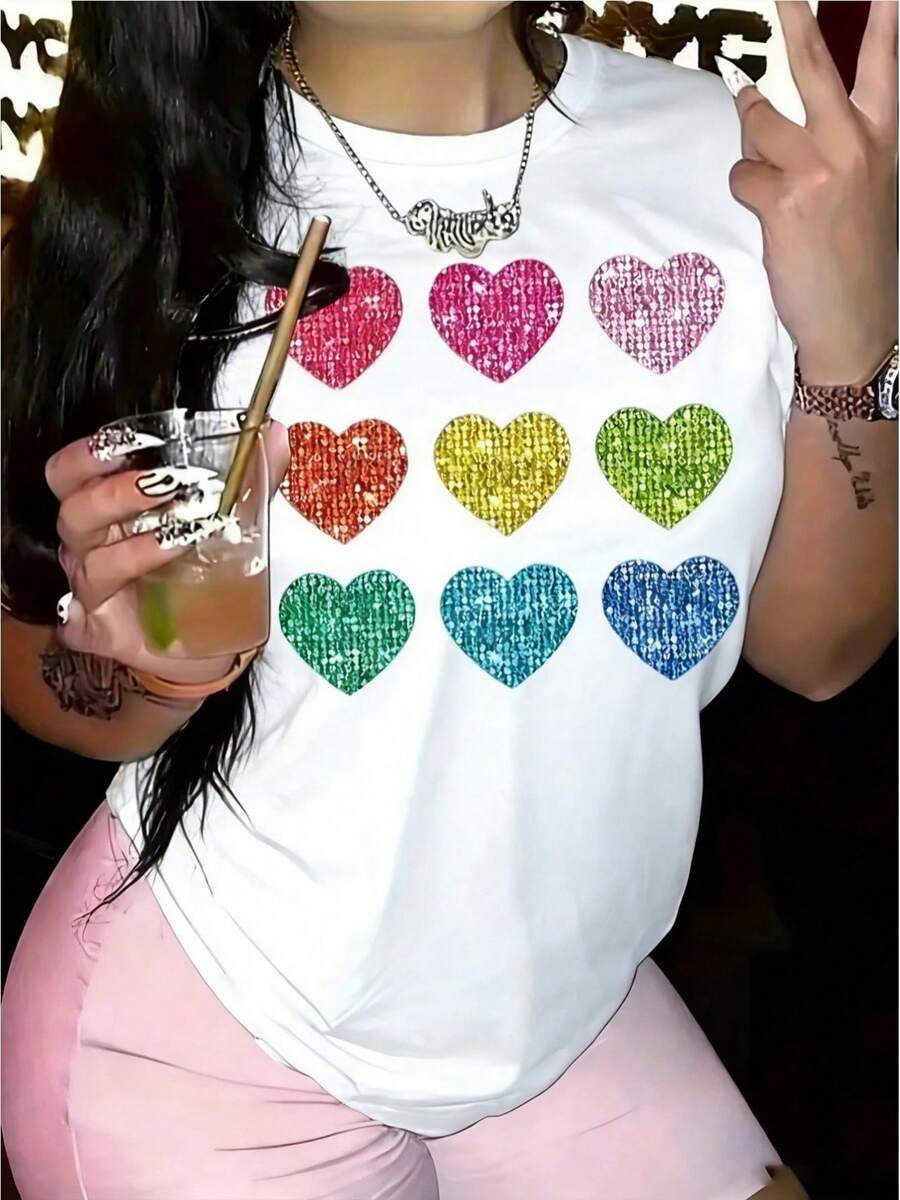 Women's T-Shirt With Multicolored Hearts Print In A Rainbow Style With A Bright Glitter Effect, Eye-Catching And Cheerful Design, HD Heat Transfer Printing, Short-Sleeved Round Neck Casual Summer Top - 白色 - 查看 1