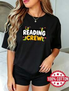 Camiseta negra de manga corta con cuello redondo y estampado para mujer, verano, estilo casual Leyendo Equipo Gusanos de Libro S-3XL Moda 100% aodón material - Negro - Ver 2