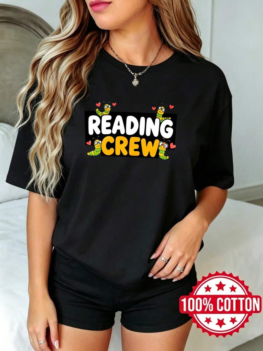 Camiseta negra de manga corta con cuello redondo y estampado para mujer, verano, estilo casual Leyendo Equipo Gusanos de Libro S-3XL Moda 100% aodón material