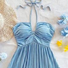 Easter Outfit Women Boho Women's Clothing Milkmaid Dress Women Easter Graduation Dress Summer Outfits For Women Summer Easter Dress Women Vacation Outfits Women Women's Solid Color Pleated Fashion Halter Mini Dress, Summer Dresses For Women - Beis - Ver 4
