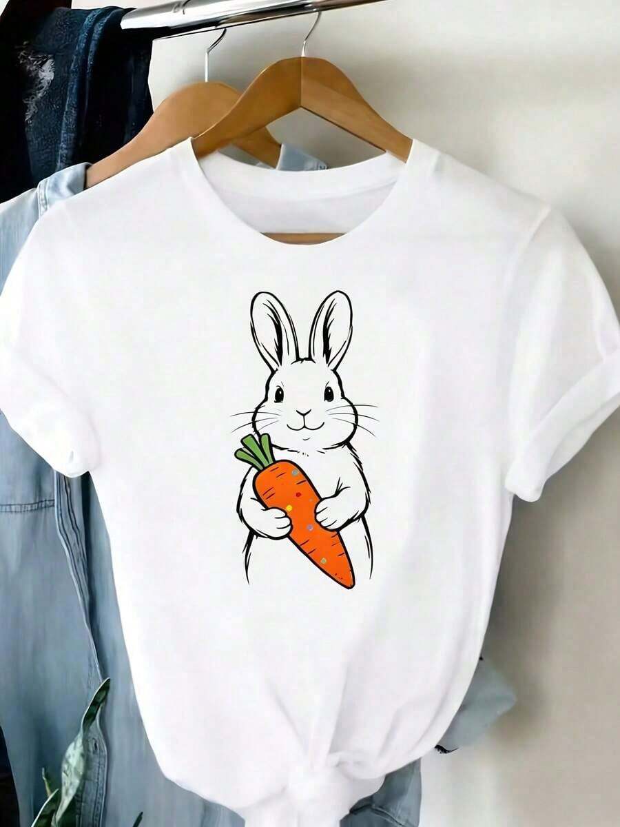 Unisex Modern And Minimalist T-Shirt With Easter Bunny Print | Cute Floral Bunny Design, Spring Fashion, Casual Style, Short Sleeve, Casual For Everyday Wear. - 白色 - 查看 1