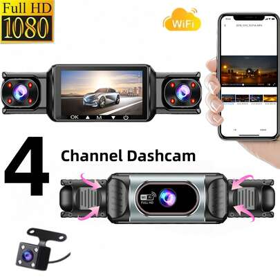 Camera hành trình ô tô không dây WiFi 4 kênh với camera trước/sau/trong xe, tầm nhìn ban đêm, giám sát đỗ xe và ghi hình liên tục, dung lượng pin 150mAh.