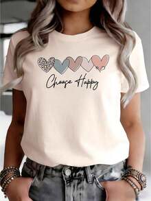 1 camiseta 100% algodón con cinco diseños diferentes en forma de corazón dispuestos en un diseño estampado.Ropa casual de verano para mujer, de manga corta y cuello redondo, estilo versátil.Tela cómoda.Camiseta de algodón transpirable, combina con todo. 100% algodón. - Albaricoque - Ver 6