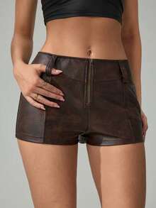 Shorts Casuales de Color Sólido con Cierre Frontal para Mujeres Altas, Micro Shorts - Marrón - Ver 7