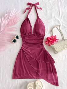 Vestido mini romántico para vacaciones con escote halter en V, con lazada, malla arrugada y bajo asimétrico en degradado vintage sexy para mujer - Rosa Fucsia - Ver 5
