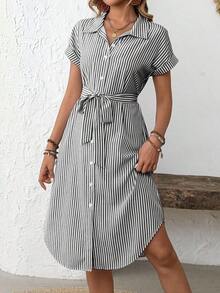 Vestido midi casual de mujer con botones frontales a rayas, vestido de verano con cintura anudada, vestido de trabajo de verano, vestido preppy, vestido con botones para mujer, vestido a rayas azul, vestidos de verano para mujer, conjuntos de v - Blanco y Negro - Ver 6