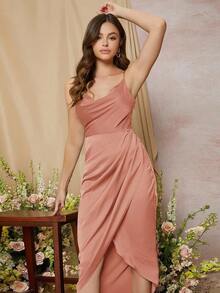 Vestido elegante de tirantes finos con dobladillo asimétrico drapeado de unicolor - Rosa vieja - Ver 3