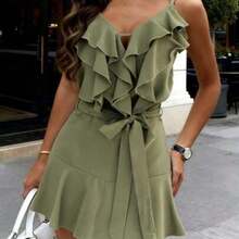 PariChic Women's Vacation Style Ruffle V-Neck Spaghetti Strap Dress, Chic Dresses For Women Green Olive Dress For Women New Arrival Dress For Women Casual Spring Outfits For Women Dresses - Verde - Ver 1