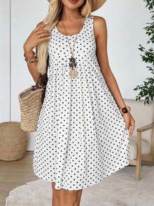 Vestido corto de verano para mujer de unicolor simple, cuello redondo, plisado y sin mangas - Blanco - Ver 4