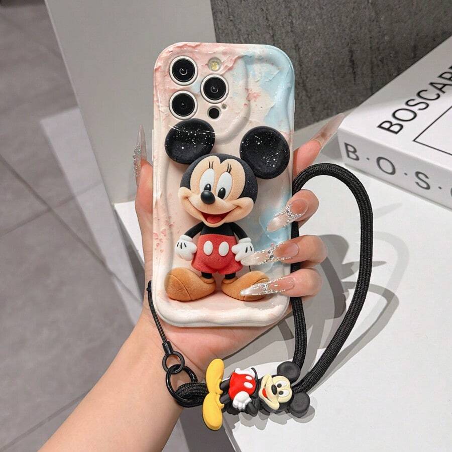 Disney Mickey Mouse Phone Case With Mickey Charm And Lanyard - Cute Mickey Protective Case With Pastel Watercolor Background And Starry Ears Design, Equipped With Delicate Mickey Decorative Lanyard And Beaded Bracelet For Easy Carrying, Compatible With IPhone 17, 16, 15, 14, 13, 12, 11 Pro Series, Ideal For Birthdays, Holidays, Anniversaries, Graduation Gifts, Or Any Special Occasion To Surprise Family, Friends, Classmates, And Loved Ones. - 白色 - 查看 1