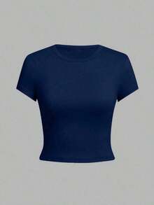 Camiseta de mujer de verano nueva, de corte slim, de cuello redondo y manga corta, top de moda para uso diario y vacaciones. Top de camiseta de mujer. - Azul marino - Ver 8