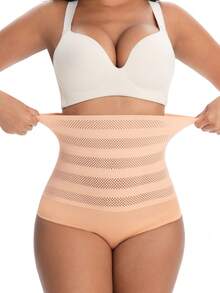 Women's High Waist Butt Lifter Shapewear Panty, Lace Trim & Breathable Mesh Waistband, Invisible Under Clothing, Tummy Control & Hip Shaping For All-Day Comfort - Apricot - View 3