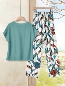 Set de 2 piezas de top de cuello redondo holgado y pantalones de pierna ancha para mujer, conjunto versátil casual para primavera/otoño, conjunto de pantalones y top casual para vacaciones - Multicolor 7 - Ver 3