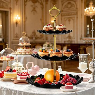 3-Tier Cupcake Display Stand - Layered Plastic Tray, Suitable For Displaying Cupcakes, Donuts, Fruits, And More - Black