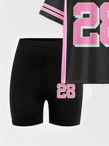 Conjunto de camiseta y pantalones cortos de ciclista con estampado gráfico de número 13 y eslogan, de moda casual para mujer - Multicolor 8 - Ver 5