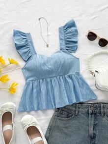 Camisa de mujer de manga corta para vacaciones de primavera/verano, de tela texturizada, adecuada para festival de música, estilo bohemio, citas de vacaciones, tarde de té - Celeste - Ver 8