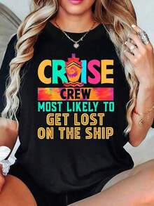 100% Cotton Black T-Shirts, Hippie T-Shirt With The Phrase "Cruise Crew: Most Likely To Get Lost On The Ship" For Women And Men, Funny Graphic T-Shirts For Women, Breathable And Comfortable. - 黑色 - 查看 1