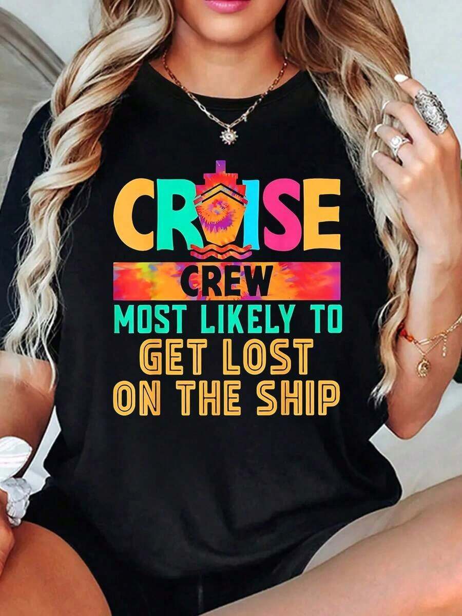 100% Cotton Black T-Shirts, Hippie T-Shirt With The Phrase "Cruise Crew: Most Likely To Get Lost On The Ship" For Women And Men, Funny Graphic T-Shirts For Women, Breathable And Comfortable. - 黑色 - 查看 1