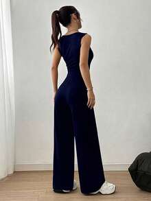 Pantalones de peto de unicolor de estilo minimalista casual para uso diario - Azul marino - Ver 2