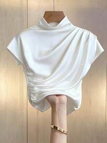 Camiseta blanca de manga corta ajustada con pliegues de unicolor y versátil para mujer - Blanco - Ver 4