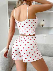 2 piezas Conjunto de pijama, Camiseta y pantalones cortos sexy para mujer, estampado total, decoración de corazón, ropa de dormir casual de verano, conjunto de verano, blusa de pijama linda, conjunto de 2 piezas, ropa de casa, vuelta al colegio, conjunto, Navidad - Blanco - Ver 3