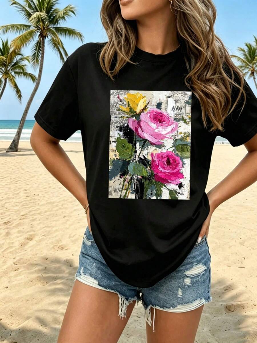 Camiseta de Mujer 2026, Nueva Camiseta de Verano con Cuello Redondo y Estampado Romántico de Rosas, Diseño Colorido y Artístico, Tejido de Seda de Leche Doble Cepillado, Cómoda y Transpirable, Versátil para Uso Diario, Viajes al Trabajo, Casual, Efecto Adelgazante, Top Multicolor. - Negro - Ver 1