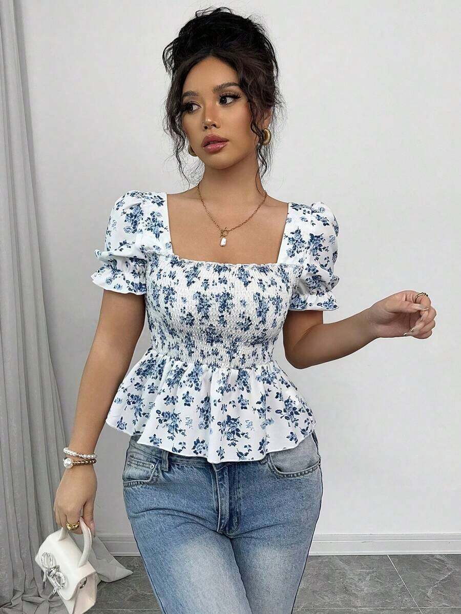 Blusa de mujer con estampado floral diminuto, mangas abullonadas y dobladillo con volantes - Azul - Ver 1