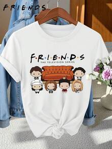 Women's Short-Sleeved T-Shirt From Warner Bros., Friends TV Series, Featuring A Print Of The Protagonist In A Q Version, Casual Round Neck, Suitable For Spring, Summer And Autumn, 100% Women's T-Shirt, Versatile Retro Style For Everyday Wear, Holidays And Fashionable Travel. - 白色 - 查看 8