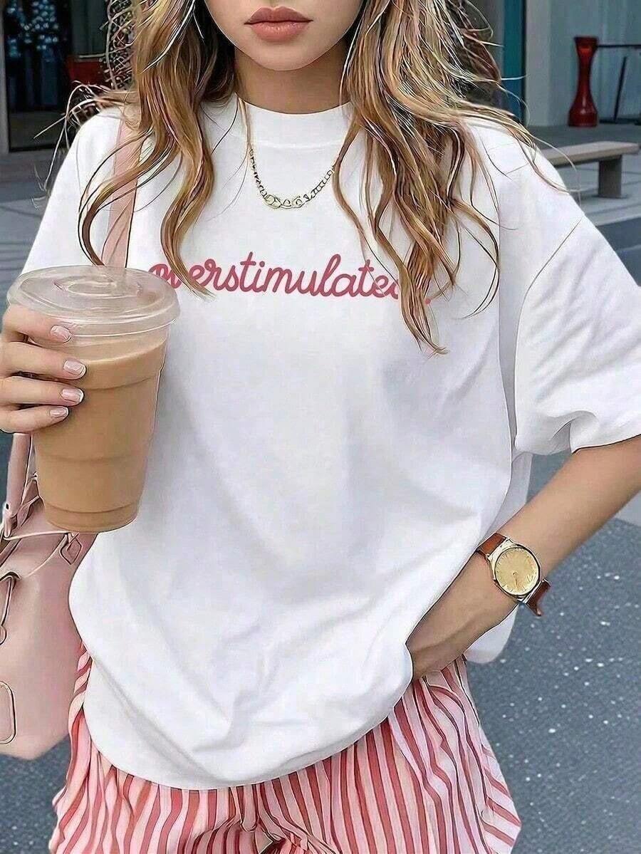 New Summer Fashion Collection, Women's Casual Short Sleeve Crew Neck T-Shirt - Printed, Soft And Comfortable Fabric, Machine Washable, White Summer Blouse, 180g 100% Cotton - Unisex Urban Vintage Style, Loose Fit Cotton Short Sleeve Crew Neck T-Shirt - 白色 - 查看 1