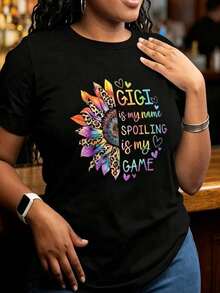 1 Piece Women's T-Shirt With "Gigi Is My Name", "Spoiling Is My Game", Rainbow, Sunflower And Leopard Print Design, For Gift To Grandma Or Family, Casual Wear, 180g, 100% Cotton - 黑色 - 查看 7