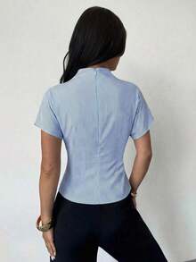 Blusa de bambú y lino con cuello arrugado, mangas asimétricas, plisado lateral y cintura ceñida, para uso diario, color albaricoque, para todas las estaciones - Azul y blanco - Ver 3