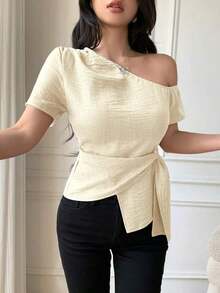 Blusa casual elegante de hombros con nudo, de corte slim para mujeres - Albaricoque - Ver 5