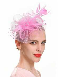 1pc Women's Tea Party Racing Hat, Kentucky Derby Hat, Floral Mesh Hair Accessory, Wedding Headpiece - Pink - View 4