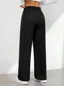 Pantalones capri de pierna ancha con textura de estilo casual de verano - Negro - Ver 2