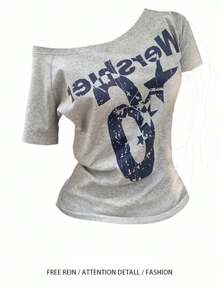 Verano Y2k deporte fuera del hombro Top mujeres Sexy Vintage 2000s Camiseta de manga corta señora cuerpo básico Crop Top mujer Casual - Gris - Ver 1