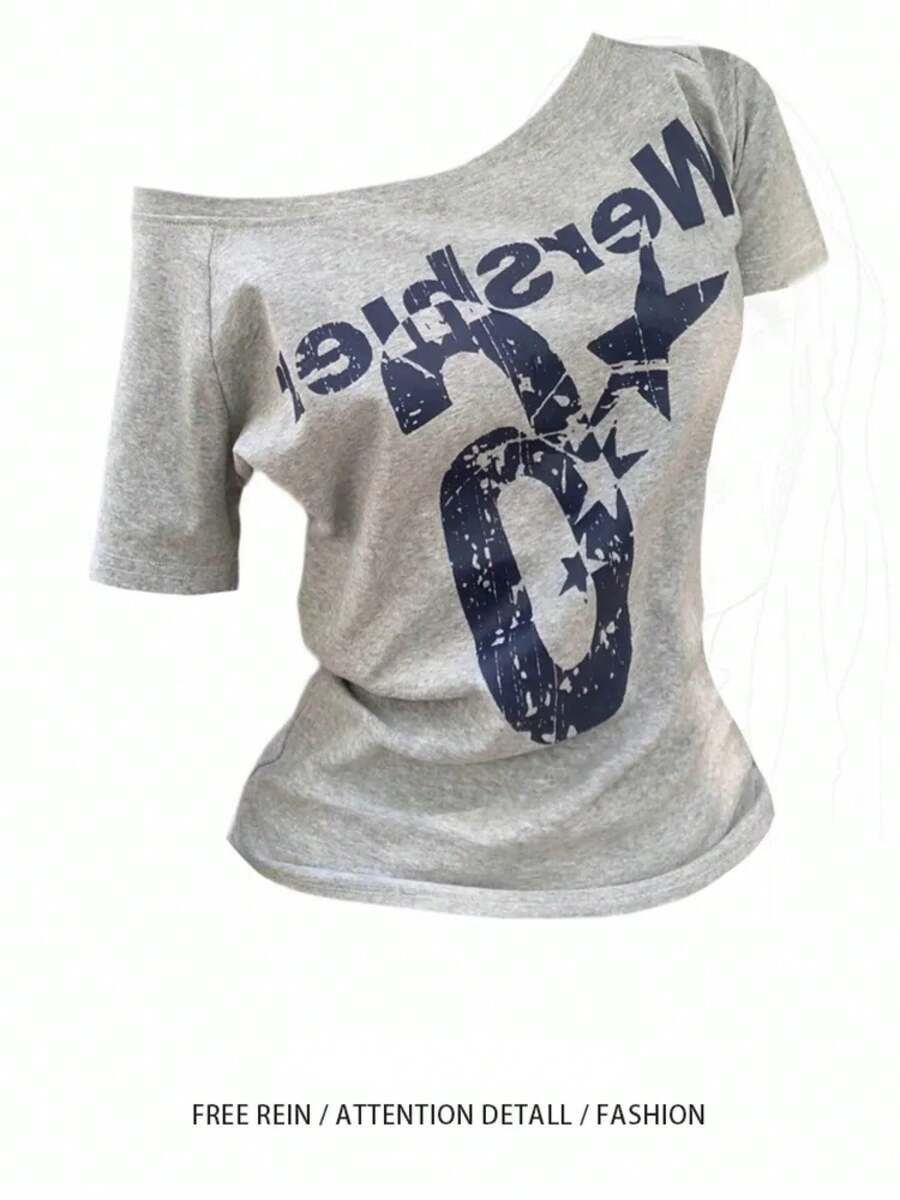 Verano Y2k deporte fuera del hombro Top mujeres Sexy Vintage 2000s Camiseta de manga corta señora cuerpo básico Crop Top mujer Casual - Gris - Ver 1