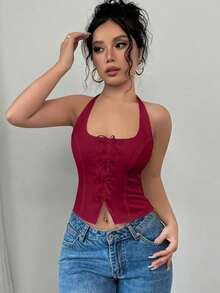 blanca elegante y ajustada con cuello de lazo para volver al colegio - Burdeos - Ver 3
