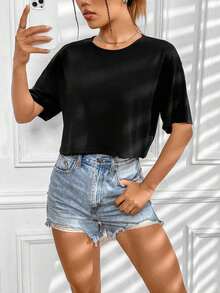 Camiseta casual de mujer con cuello redondo, manga corta y bloque de color con estampado de letras - Negro - Ver 3