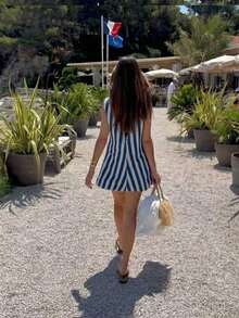 Conjunto de vacaciones para mujer: Vestido mini casual de playa de estilo bohemio con parches a rayas, elegante para el verano - Azul - Ver 4