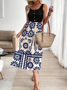 Vestido ajustado sin mangas con estampado de retazos de estilo vacacional para mujer - Azul marino - Ver 4