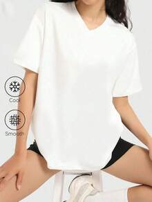 Camiseta holgada para mujer de manga corta y cuello redondo, camisa casual estilo Y2K, básica para deportes de verano - Blanco 2 - Ver 5