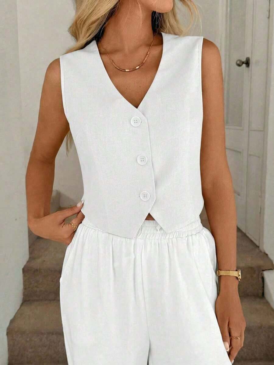 Chaleco negro, chaqueta fina, blusa de oficina para mujer - Blanco - Ver 1