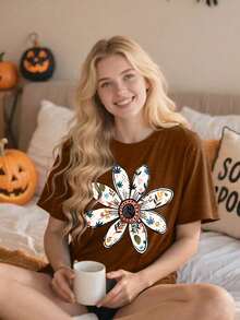 Camiseta de manga corta con cuello redondo y estampado floral casual de otoño para mujer, tallas grandes - Color camel, una pieza - 1 - Ver 12