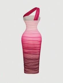 Vestido de malla de longitud media con un hombro, fruncido y efecto ombré - Rosa Fucsia 2 - Ver 2